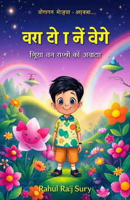 A whimsical front cover illustration for a children's storybook titled 'नील की जादुई यात्रा' (Neel's Magical Journey), featuring a young boy named Neel with bright, curious eyes, wearing a colorful outfit, standing in a magical forest filled with vibrant, oversized flowers and sparkling, enchanted creatures