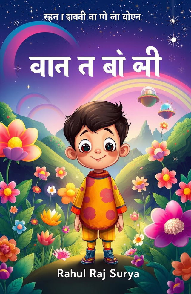 A whimsical front cover illustration for a children's storybook titled 'नील की जादुई यात्रा' (Neel's Magical Journey), featuring a young boy named Neel with bright, curious eyes, wearing a colorful outfit, standing in a magical forest filled with vibrant, oversized flowers and sparkling, enchanted creatures