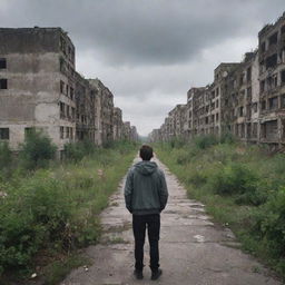 A surprised newcomer standing at the edge of the abandoned city, gazing upon the deserted streets and dilapidated buildings covered in overgrown vegetation, under the cloudy grey sky