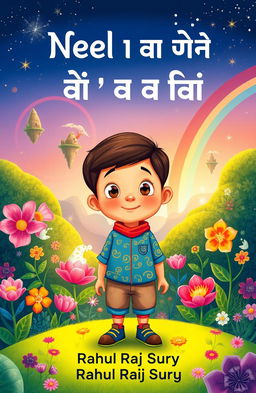 A whimsical front cover illustration for a children's storybook titled 'नील की जादुई यात्रा' (Neel's Magical Journey), featuring a young boy named Neel with bright, curious eyes, wearing a colorful outfit, standing in a magical forest filled with vibrant, oversized flowers and sparkling, enchanted creatures