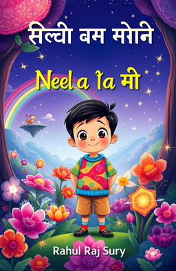 A whimsical front cover illustration for a children's storybook titled 'नील की जादुई यात्रा' (Neel's Magical Journey), featuring a young boy named Neel with bright, curious eyes, wearing a colorful outfit, standing in a magical forest filled with vibrant, oversized flowers and sparkling, enchanted creatures