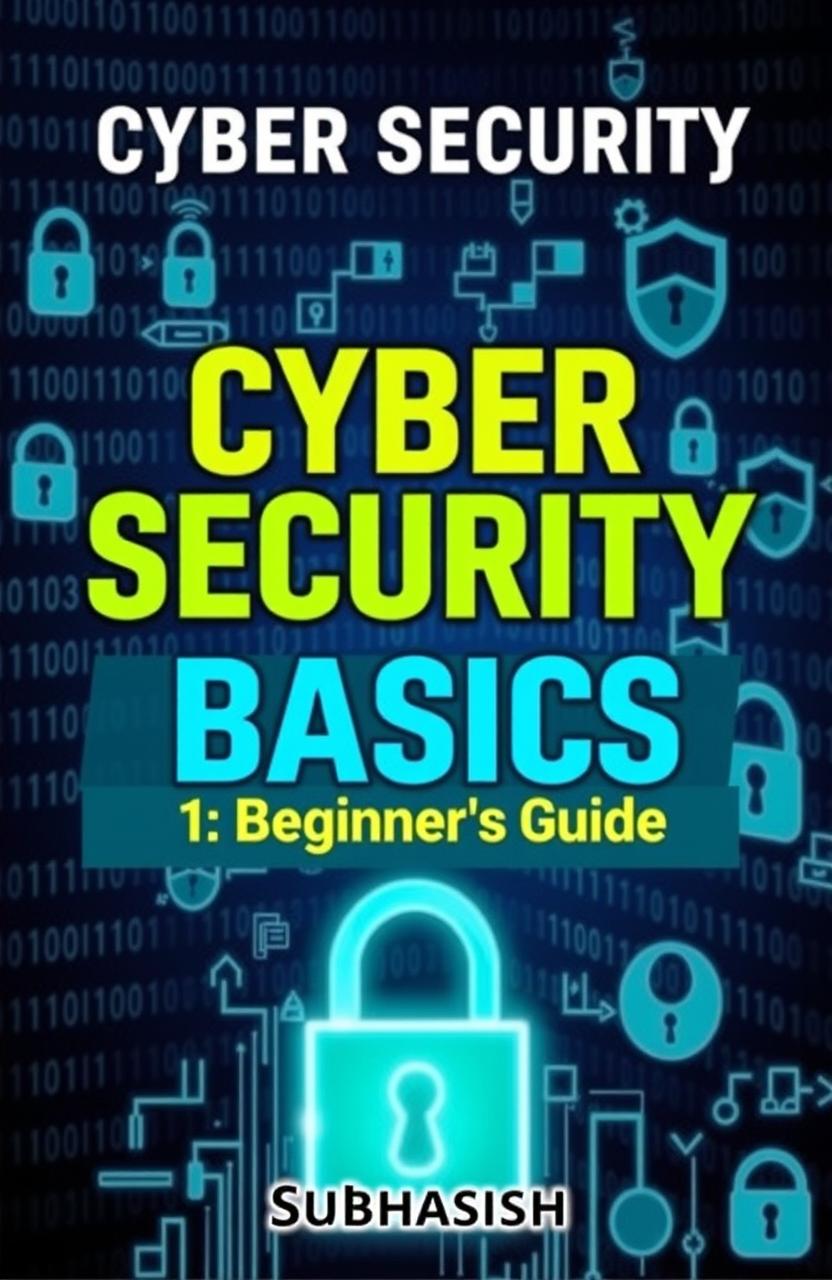 A detailed eBook cover for a guide titled 'Cyber Security Basics: A Beginner's Guide' featuring the author name 'Subhasish'