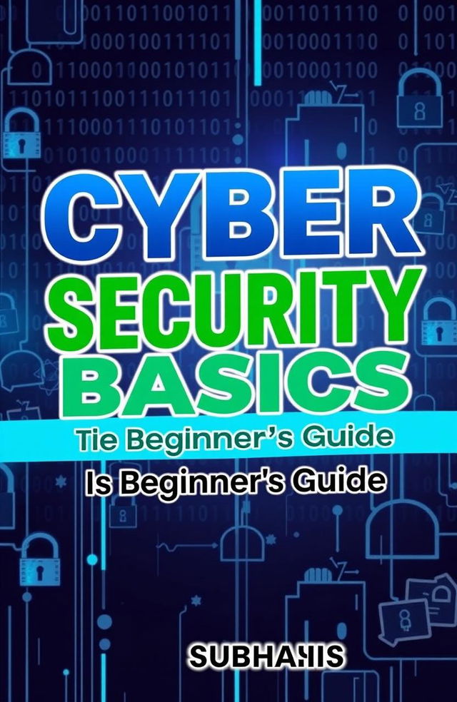 A detailed eBook cover for a guide titled 'Cyber Security Basics: A Beginner's Guide' featuring the author name 'Subhasish'