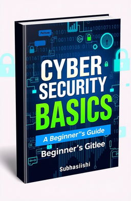 A detailed eBook cover for a guide titled 'Cyber Security Basics: A Beginner's Guide' featuring the author name 'Subhasish'