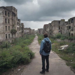 A surprised newcomer standing at the edge of the abandoned city, gazing upon the deserted streets and dilapidated buildings covered in overgrown vegetation, under the cloudy grey sky