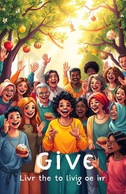 An artistic representation of a diverse group of people joyfully participating in various acts of giving, such as volunteering, sharing food, and helping each other