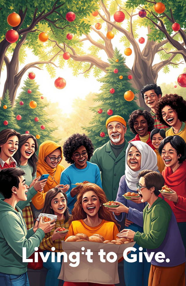 An artistic representation of a diverse group of people joyfully participating in various acts of giving, such as volunteering, sharing food, and helping each other