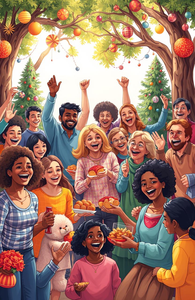 An artistic representation of a diverse group of people joyfully participating in various acts of giving, such as volunteering, sharing food, and helping each other