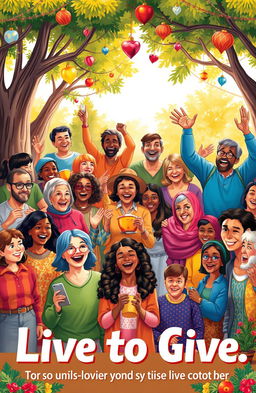 An artistic representation of a diverse group of people joyfully participating in various acts of giving, such as volunteering, sharing food, and helping each other