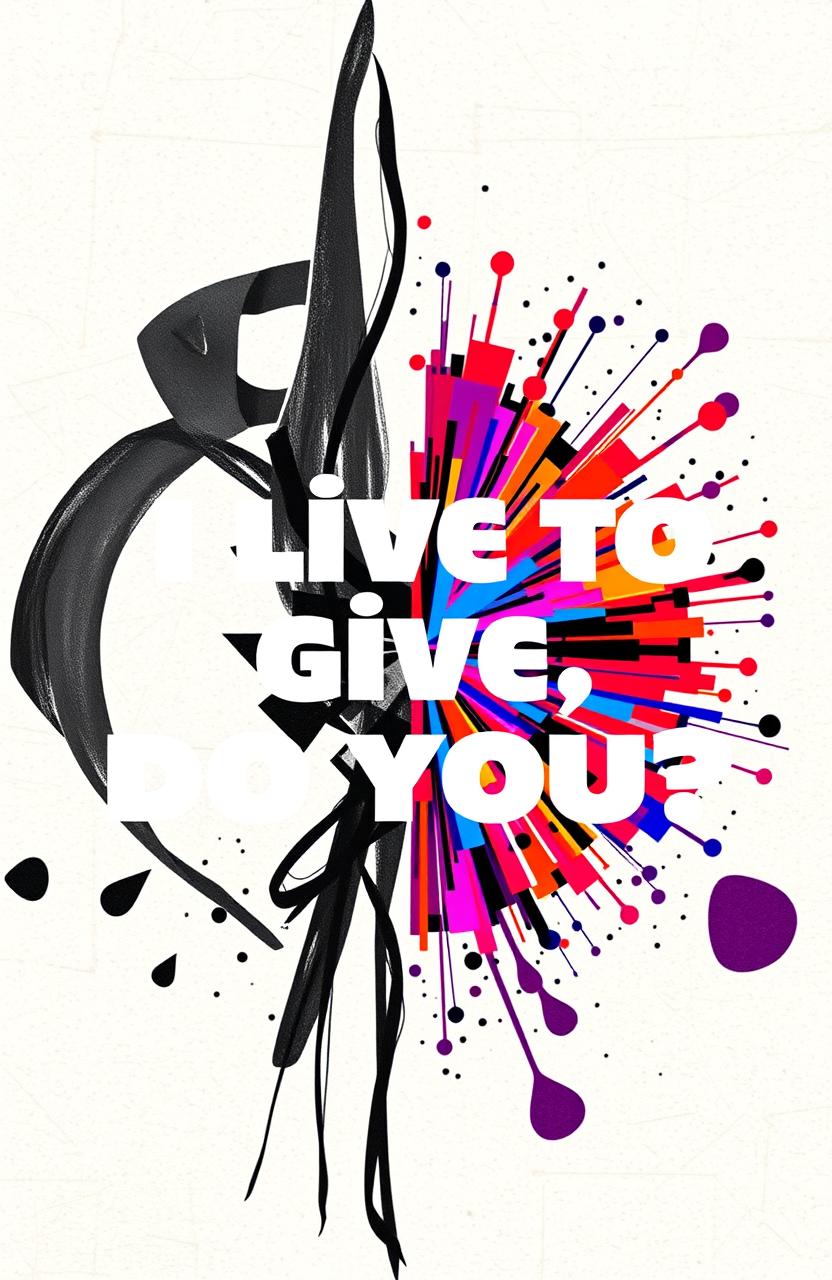 A striking split-image artwork representing the phrase 'I live to give, do you?' The left half of the image is black and white, depicting the essence of generosity through abstract shapes and patterns, while the right half is vibrant and colorful, showcasing the joy and vitality of giving in a lively and energetic style