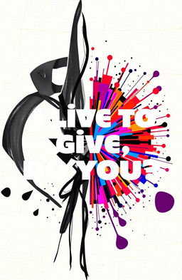 A striking split-image artwork representing the phrase 'I live to give, do you?' The left half of the image is black and white, depicting the essence of generosity through abstract shapes and patterns, while the right half is vibrant and colorful, showcasing the joy and vitality of giving in a lively and energetic style