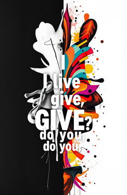 A striking split-image artwork representing the phrase 'I live to give, do you?' The left half of the image is black and white, depicting the essence of generosity through abstract shapes and patterns, while the right half is vibrant and colorful, showcasing the joy and vitality of giving in a lively and energetic style