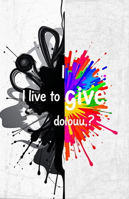 A striking split-image artwork representing the phrase 'I live to give, do you?' The left half of the image is black and white, depicting the essence of generosity through abstract shapes and patterns, while the right half is vibrant and colorful, showcasing the joy and vitality of giving in a lively and energetic style