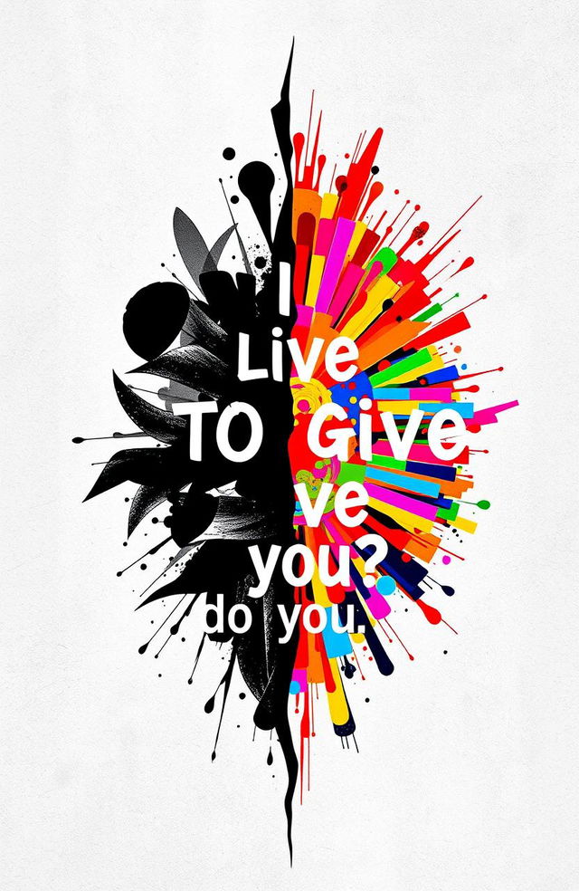 A striking split-image artwork representing the phrase 'I live to give, do you?' The left half of the image is black and white, depicting the essence of generosity through abstract shapes and patterns, while the right half is vibrant and colorful, showcasing the joy and vitality of giving in a lively and energetic style