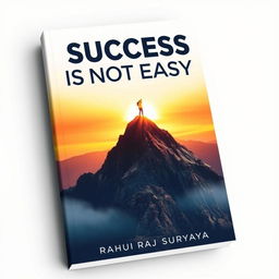A motivational book cover for 'Success is Not Easy' by Rahul Raj Surya, featuring an inspiring image of a mountain peak with a sunrise in the background, symbolizing achievement and perseverance