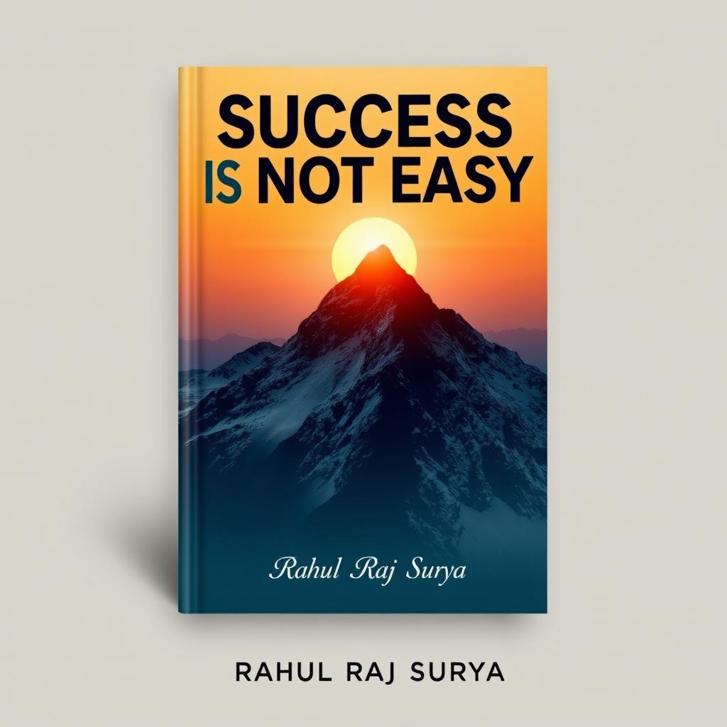 A motivational book cover for 'Success is Not Easy' by Rahul Raj Surya, featuring an inspiring image of a mountain peak with a sunrise in the background, symbolizing achievement and perseverance