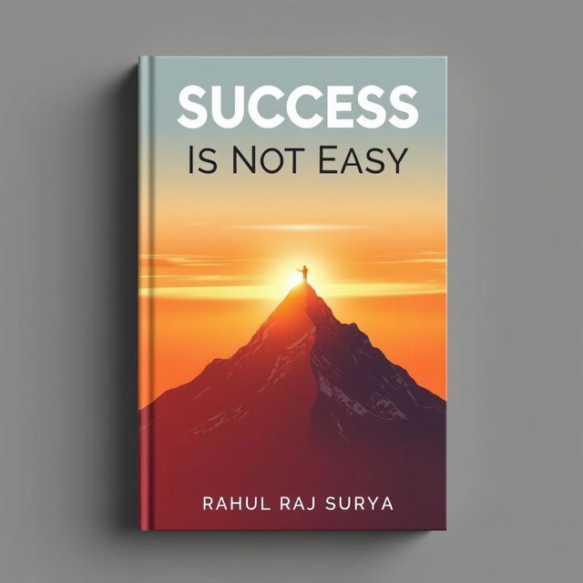 A motivational book cover for 'Success is Not Easy' by Rahul Raj Surya, featuring an inspiring image of a mountain peak with a sunrise in the background, symbolizing achievement and perseverance