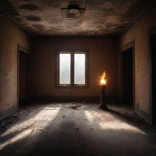 The newcomer, now bearing a fiery torch, illuminates the dusty interiors of the abandoned house in the ghost city, casting long ominous shadows