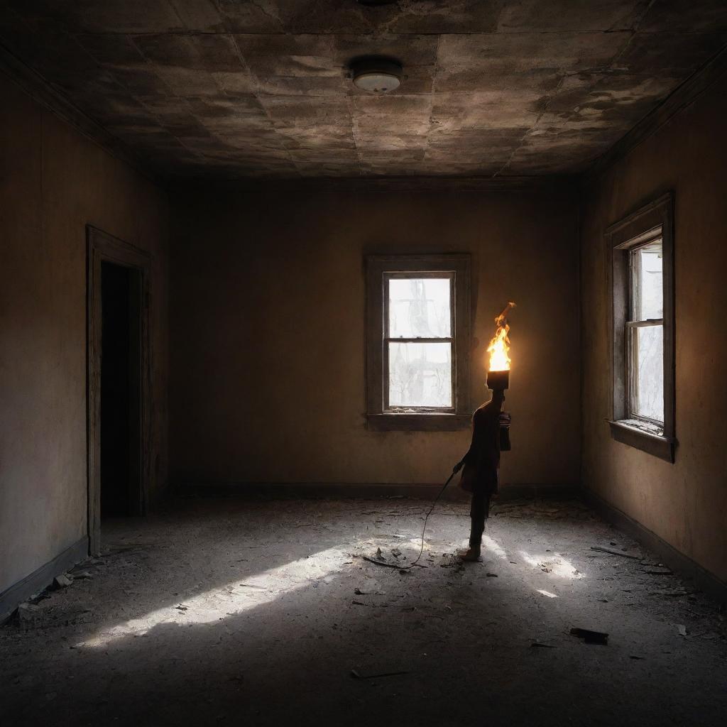 The newcomer, now bearing a fiery torch, illuminates the dusty interiors of the abandoned house in the ghost city, casting long ominous shadows