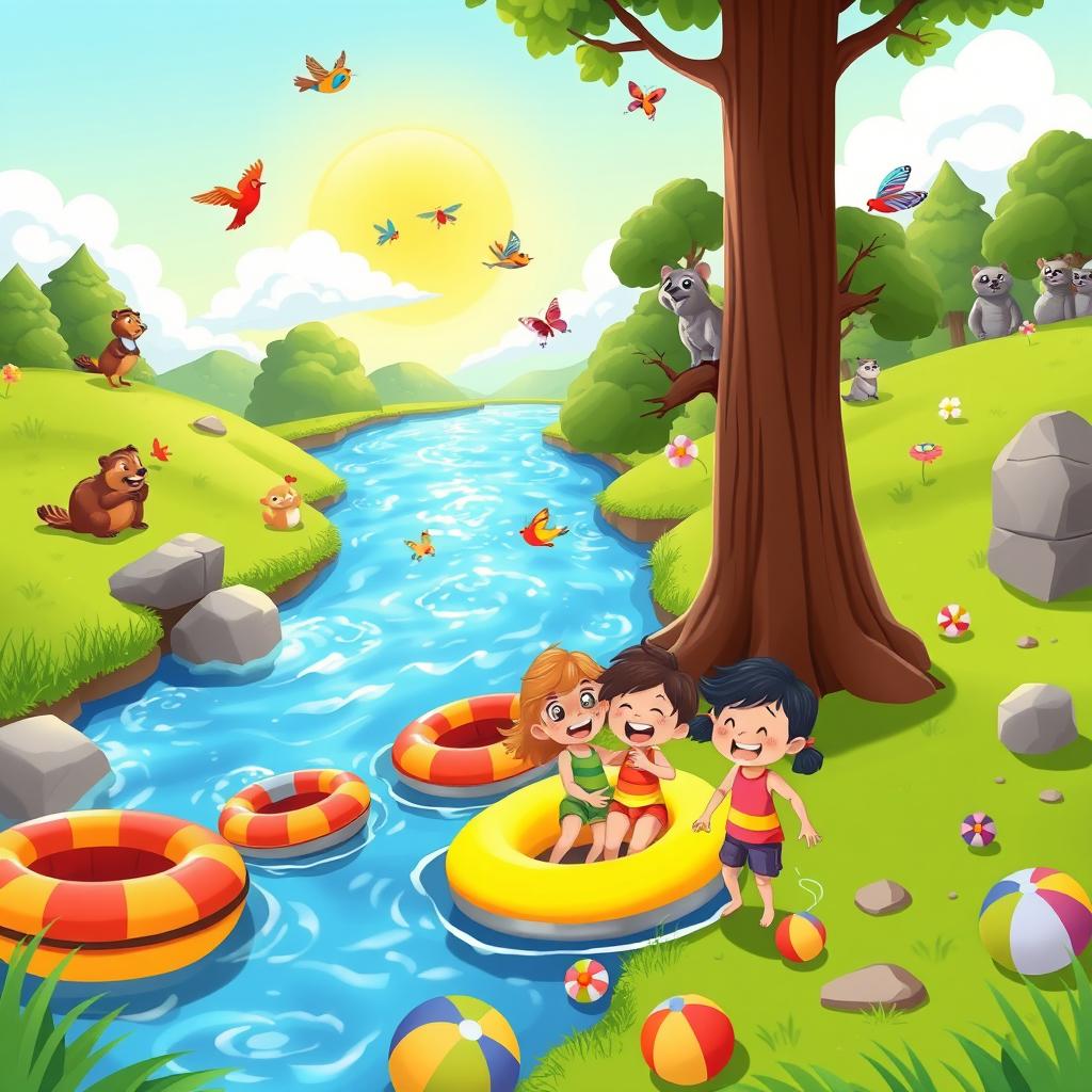 A vibrant cartoon scene depicting an adventurous day by the river