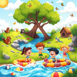 A vibrant cartoon scene depicting an adventurous day by the river