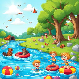 A vibrant cartoon scene depicting an adventurous day by the river