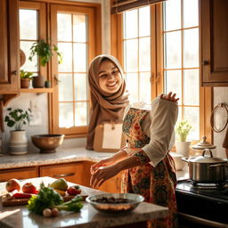 A dressed, modest housewife wearing a stylish hijab, beautifully arranged hair beneath it, working in a cozy, well-decorated kitchen