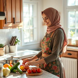 A dressed, modest housewife wearing a stylish hijab, beautifully arranged hair beneath it, working in a cozy, well-decorated kitchen