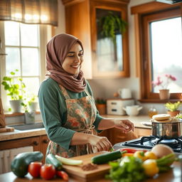 A dressed, modest housewife wearing a stylish hijab, beautifully arranged hair beneath it, working in a cozy, well-decorated kitchen