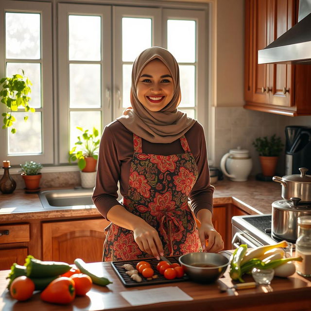 A dressed, modest housewife wearing a stylish hijab, beautifully arranged hair beneath it, working in a cozy, well-decorated kitchen