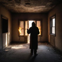 The newcomer, now bearing a fiery torch, illuminates the dusty interiors of the abandoned house in the ghost city, casting long ominous shadows