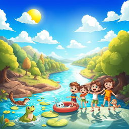 A whimsical cartoon adventure by the river, showcasing a lively and colorful scene