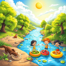 A whimsical cartoon adventure by the river, showcasing a lively and colorful scene