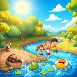 A whimsical cartoon adventure by the river, showcasing a lively and colorful scene