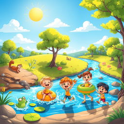 A whimsical cartoon adventure by the river, showcasing a lively and colorful scene