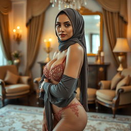 A beautiful housewife wearing a tasteful hijab, styled intricately, gracefully poses in a luxurious setting of her elegant home