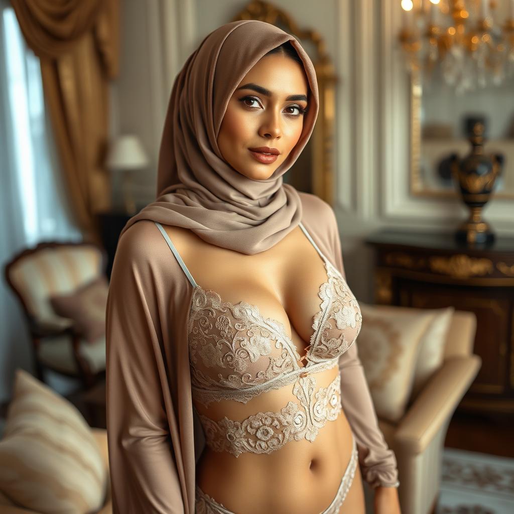 A beautiful housewife wearing a tasteful hijab, styled intricately, gracefully poses in a luxurious setting of her elegant home