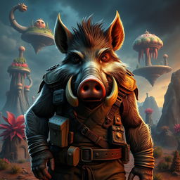 A humanized boar character with anthropomorphic features, wearing a rugged, battle-worn outfit, complete with a leather vest and a utility belt filled with various gadgets