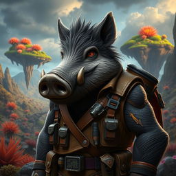 A humanized boar character with anthropomorphic features, wearing a rugged, battle-worn outfit, complete with a leather vest and a utility belt filled with various gadgets