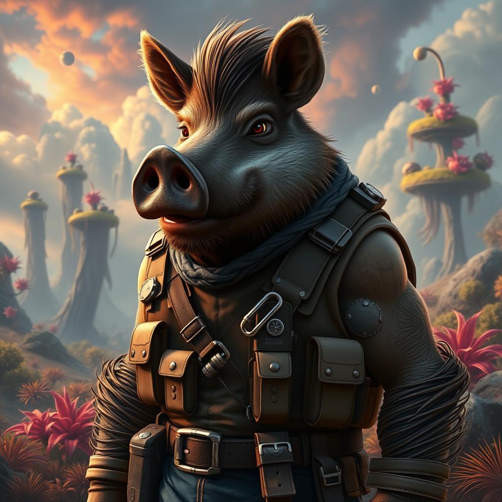 A humanized boar character with anthropomorphic features, wearing a rugged, battle-worn outfit, complete with a leather vest and a utility belt filled with various gadgets