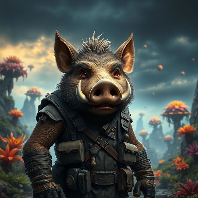 A humanized boar character with anthropomorphic features, wearing a rugged, battle-worn outfit, complete with a leather vest and a utility belt filled with various gadgets