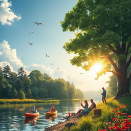 An adventure scene on the riverbank, featuring a lush green landscape with towering trees and vibrant wildflowers