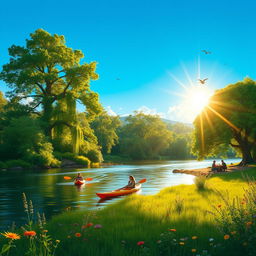 An adventure scene on the riverbank, featuring a lush green landscape with towering trees and vibrant wildflowers