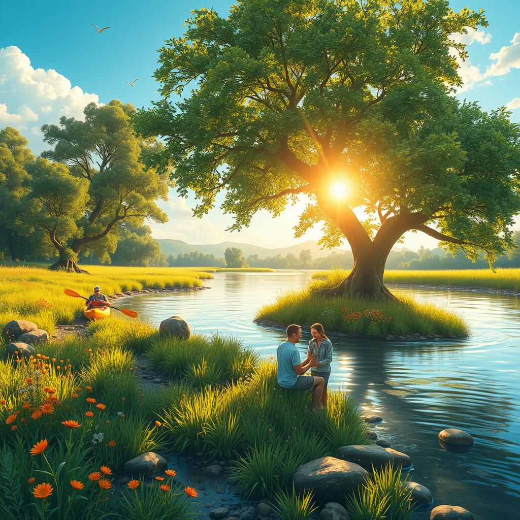 An adventure scene on the riverbank, featuring a lush green landscape with towering trees and vibrant wildflowers