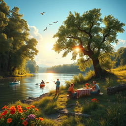 An adventure scene on the riverbank, featuring a lush green landscape with towering trees and vibrant wildflowers