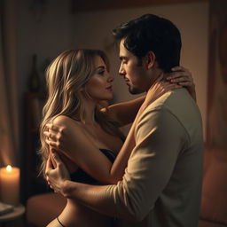 An artistic depiction of a sensual encounter, featuring two adults in an intimate and tender embrace