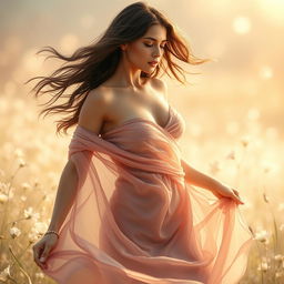 An ethereal portrayal of a stunningly beautiful woman in motion, gracefully embodying elegance and natural beauty