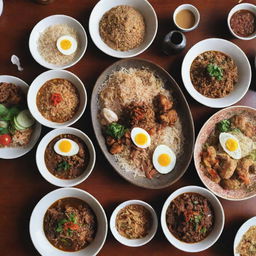 An appetizing Indonesian breakfast spread worth 5000 Rupees, showcasing local delights such as Nasi Goreng, Mie Ayam, or a bowl of Soto Ayam