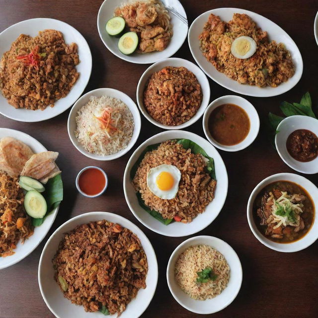 An appetizing Indonesian breakfast spread worth 5000 Rupees, showcasing local delights such as Nasi Goreng, Mie Ayam, or a bowl of Soto Ayam