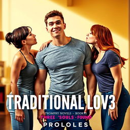 In a vibrant, engaging scene depicting the cover of a romance novel titled 'Traditional Lov3 Book 1: Three Souls Found', we see a muscle-toned, nerdy man in a snug grey t-shirt and blue cargo pants, his face showing a look of surprise